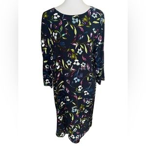 J. Jill Navy Multi Floral Mid Sleeve Rayon Dress Women’s Large Pockets Career